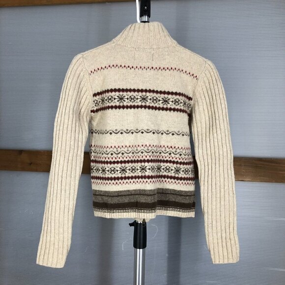 EDDIE BAUER Vintage Lambswool Cream Brown Red Fair Isle Zipper Knit Cardigan SzS - Picture 5 of 12